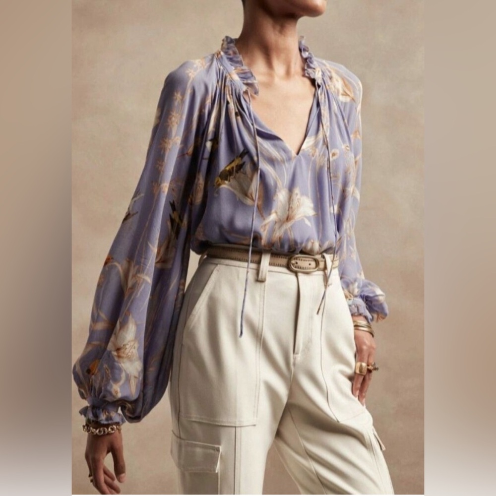 New Banana Republic XS Flower and Bird Print Balloon Sleeve Blouse